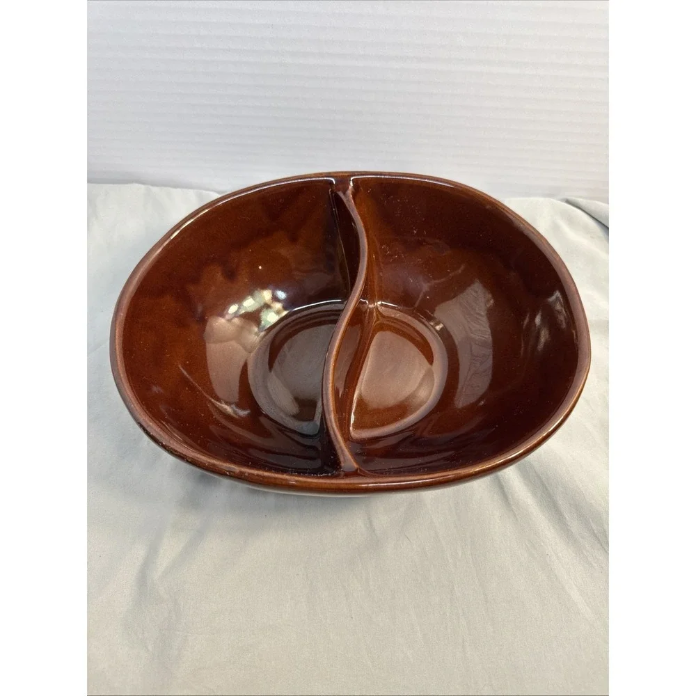 Vintage Marcrest Stoneware Daisy Dot Brown Divided Serving Bowl Oven Proof